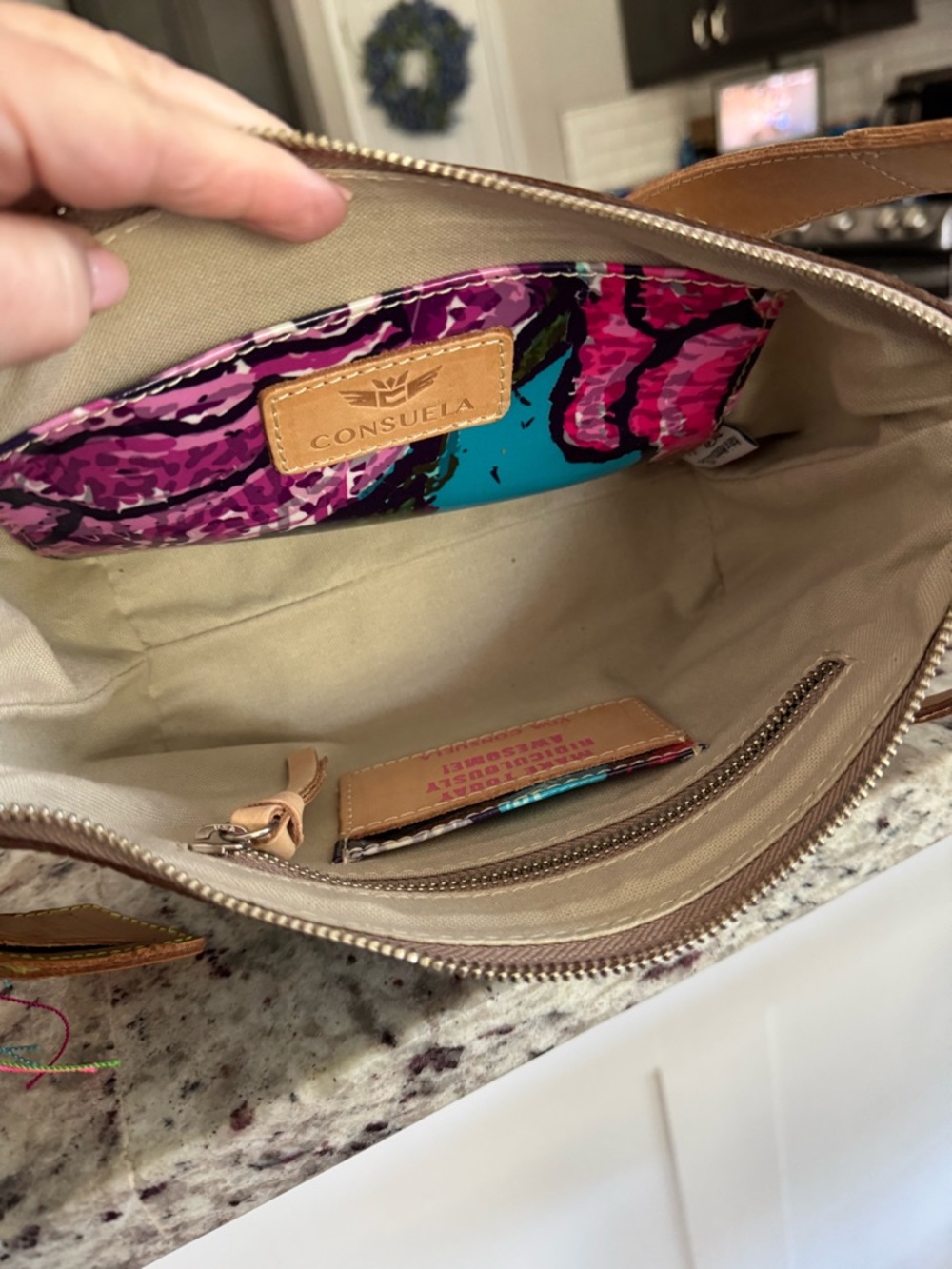 Consuela Brown Leather Shoulder Bag with Multicolor Strap Accent - Picture 2 of 6